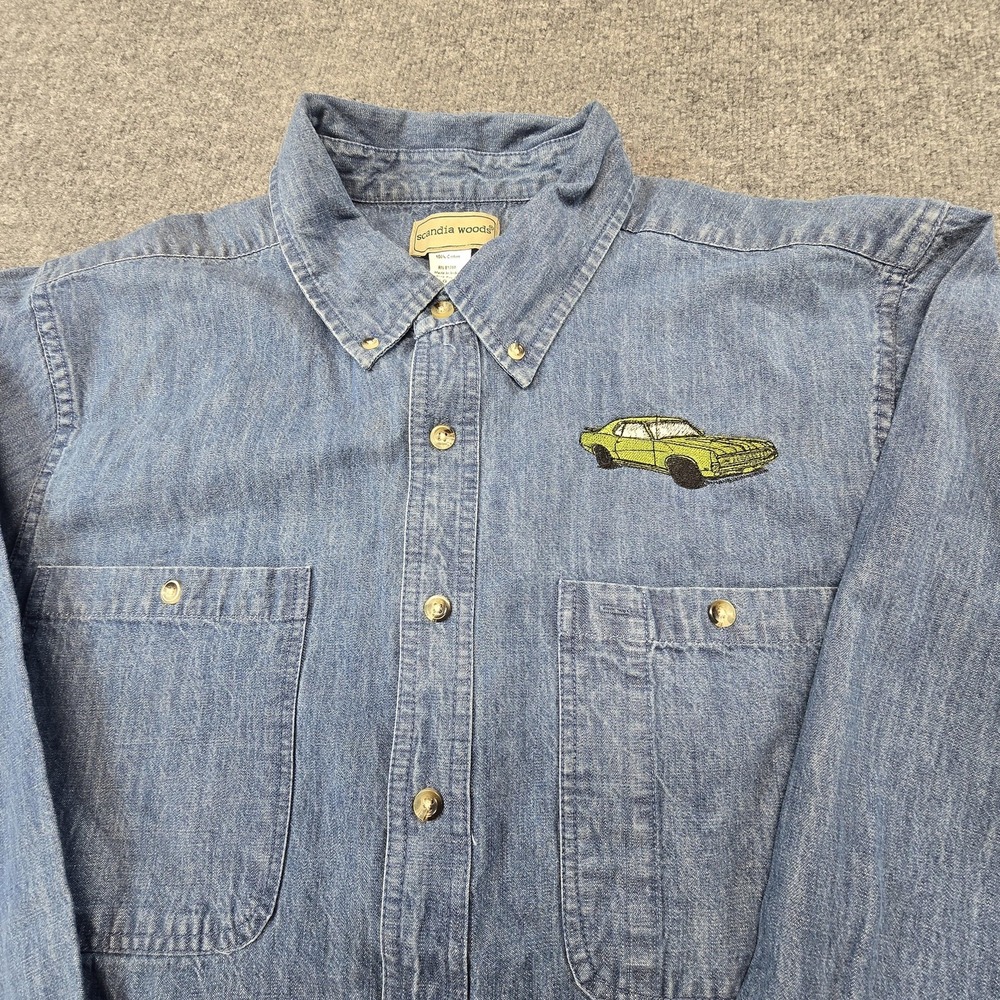 Scandia Woods Denim Shirt Mens XL Blue Long Sleeve Button Up Car Embroidered